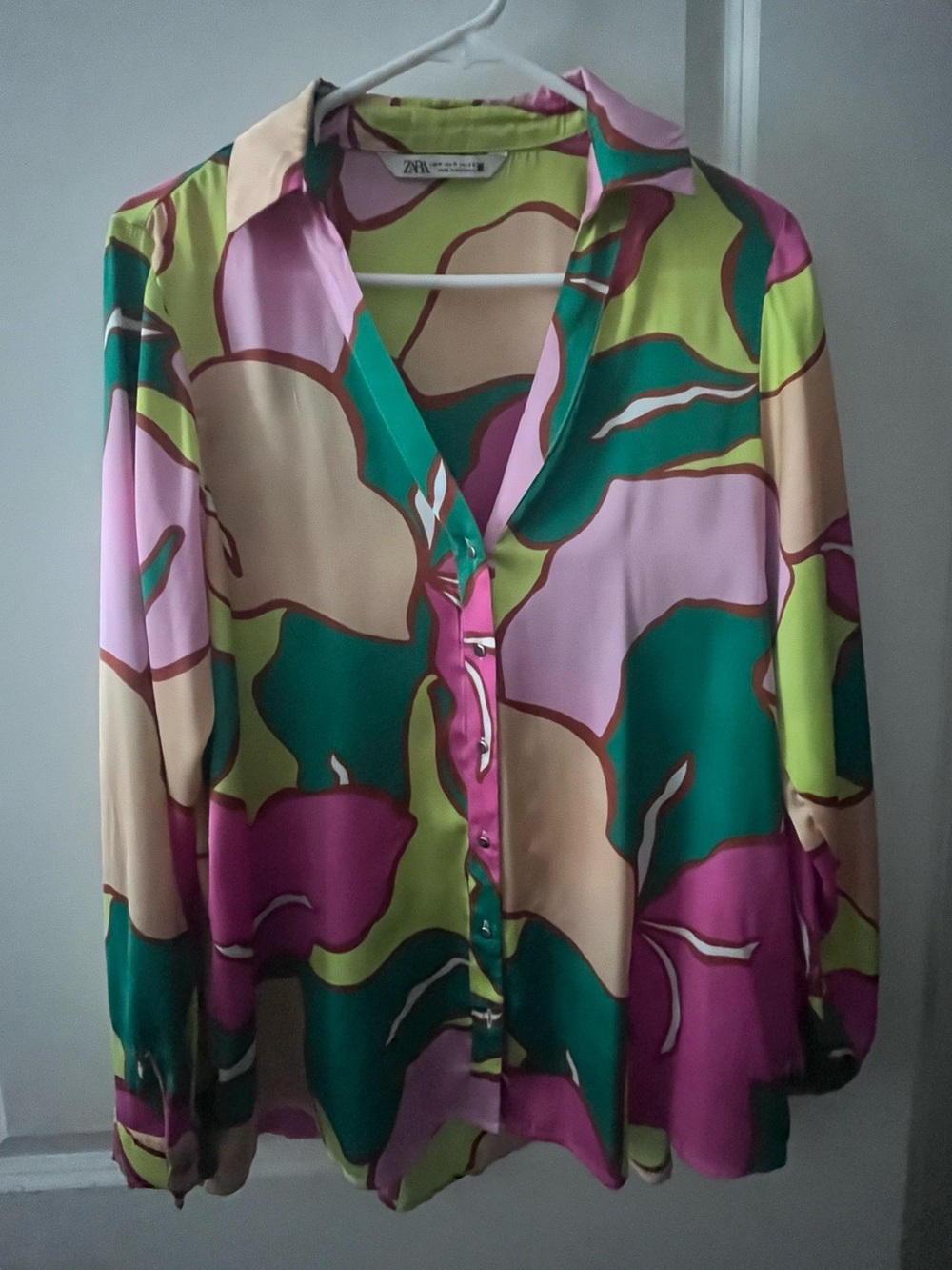 ZARA Multicolor Floral-Print Button-Down Shirt in Green, Pink & Cream